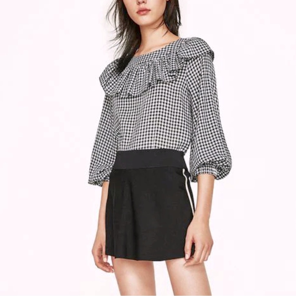 Zara Gingham Plaid Ruffle Collar Balloon Sleeve Blouse Women’s M Medium